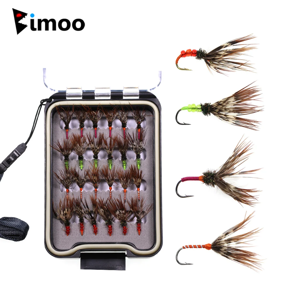 Bimoo 24PCS # 12 much Tenkara Kebari Trout Steelhead Grayling Fishing Dry Fly Pływające przynęty z wodoodporną skrzynką na muchy