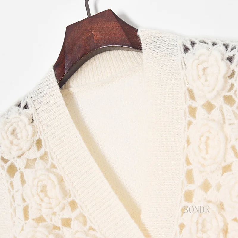 Wool Bend Crochet Hollow Out White Cardigan Women Short Sweater Jacket 2021 Hand Hook Floral Knitted Cardigan