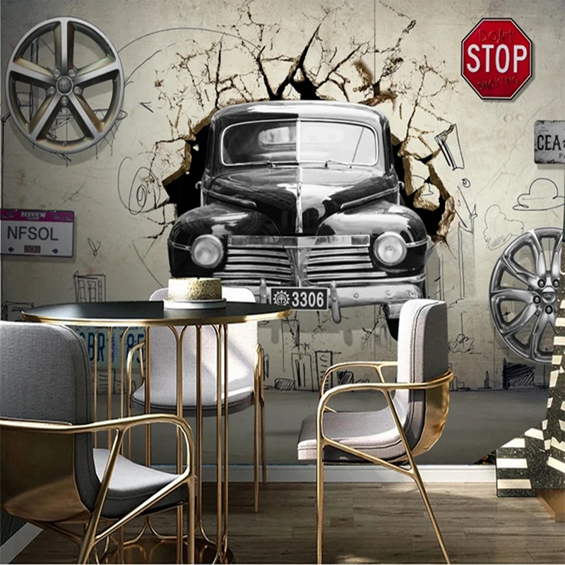 Custom Photo Mural Retro Style 3D Broken Wall Car Painting Non-woven Poster Cafe Restaurant Bar Bedroom Background Decoration