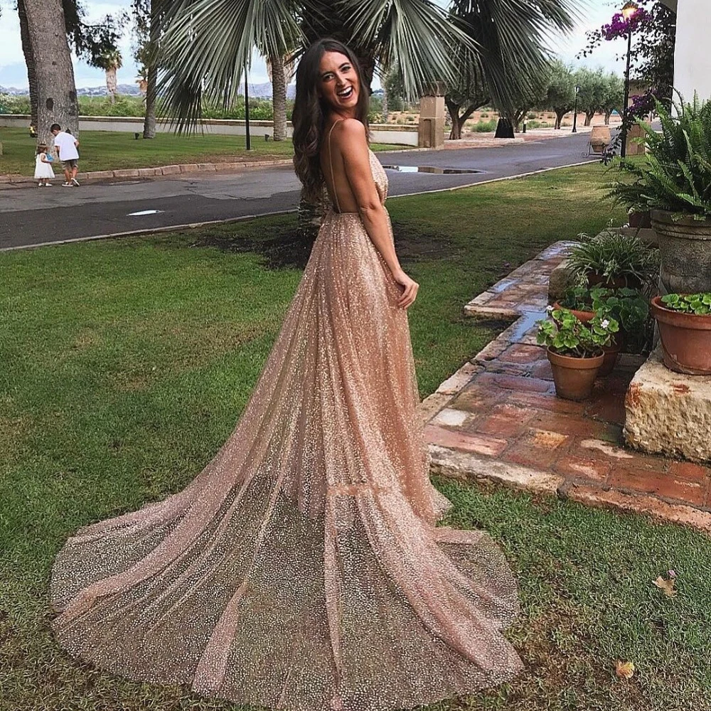 Seksowne suknie wieczorowe Backless Spark cekiny linia dekolt złota z cekinami Party długa suknia balowa vestido de formatura wieczór