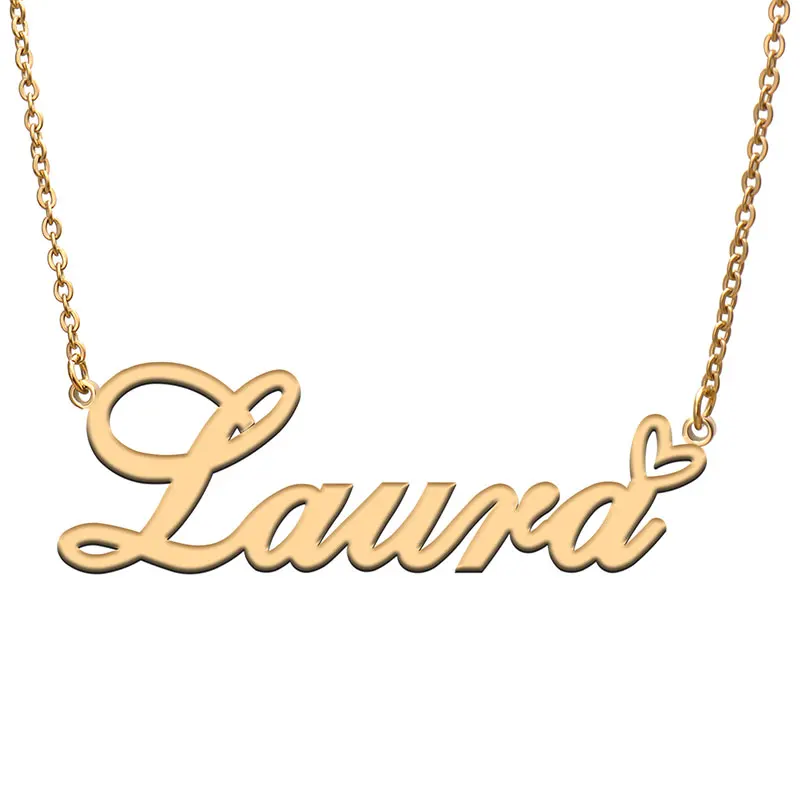 Laura Love Heart Name Necklace Personalized Gold Plated Stainless Steel Collar for Women Girls Friends Birthday Wedding Gift