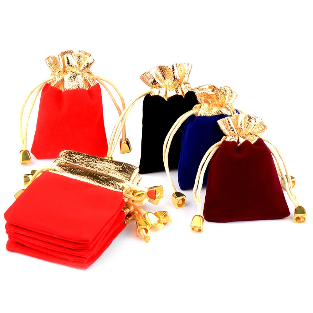 Lote de 10 bolsas de terciopelo Vintage, 7x9cm, 9x12cm, 12x16cm, Color dorado, con cordón, rojo, para regalo, embalaje de joyería de boda