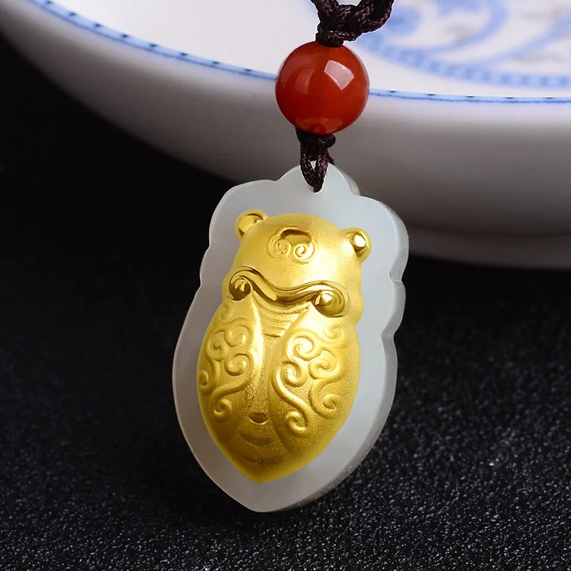 Hot Selling Natural Hand-carve Jade Inlaid Golden Cicada Necklace Pendant Fashion Jewelry Accessories Men Women Luck Gifts