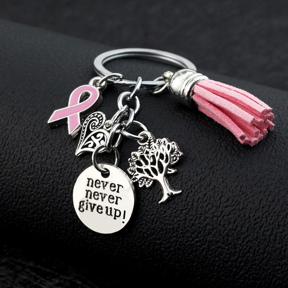 Breast Cancer Awareness Pink Ribbon Tassel Keychains Keyring Heart Life Tree Never Give Up Charms Key Chain Jewelry