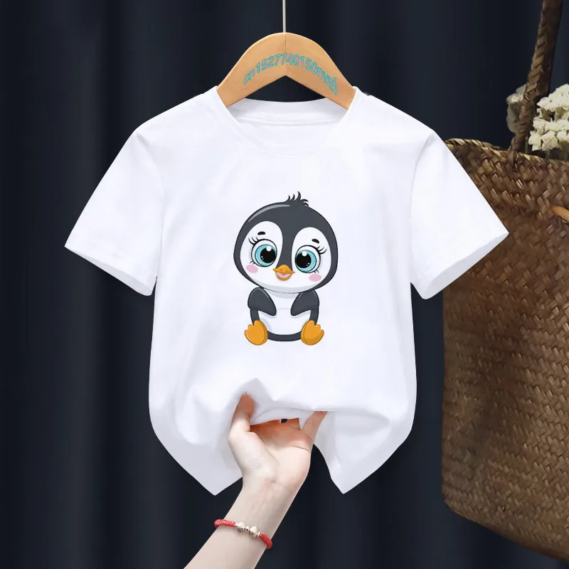 T-shirt bonito do pinguim branco para crianças, desenhos animados engraçados, tops de animais, roupa infantil, presente do menino e da menina, navio