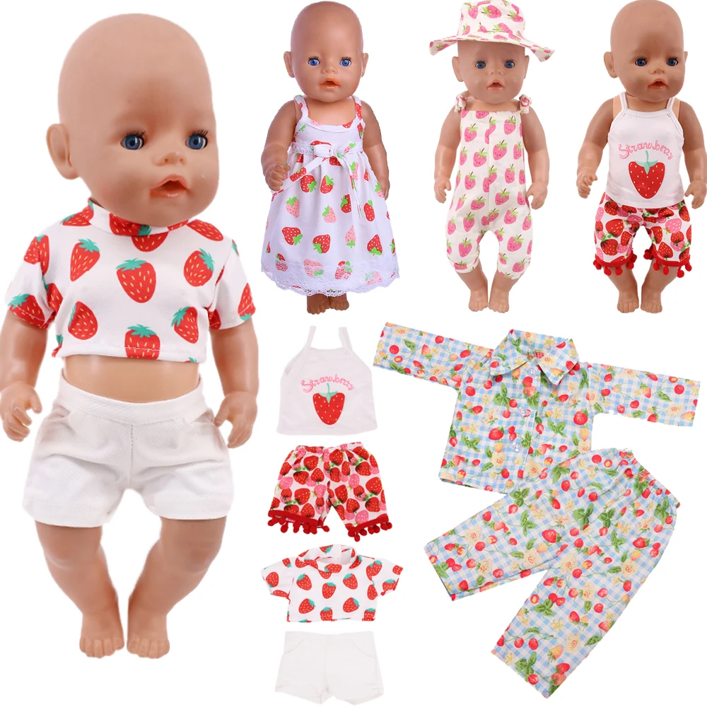 Doll Clothes Strawberry Print Skirt Pajamas Cute For 18 Inch American Doll Girls&43 Cm New Born Baby Items,Doll Accessories,Gift