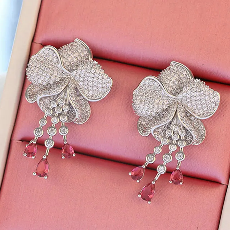 

1pair Sexy Rose Shaped Earring Studs Full-jewelled Earring Tassel Luxury CZ Earring Studs Fashion Jewelry for Woman Gift