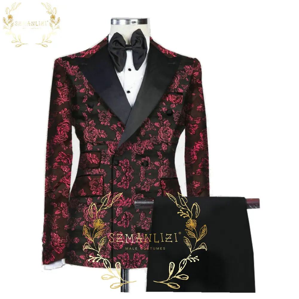 

Costume Homme Burgundy Rose Floral Men Suits Double Breasted Formal Prom Blazer Wedding Male Dress Groom Tuxedos Suit