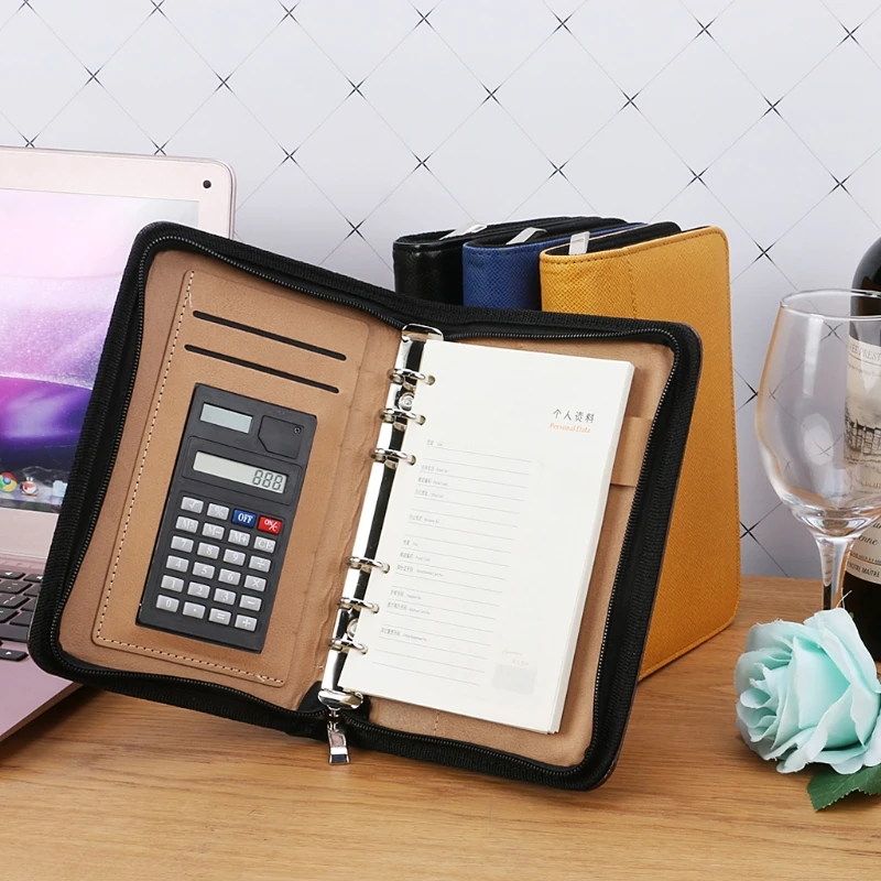 PU Leather Cover A6 Zipper Notebook Loose-Leaf Business Notepad With Calculator