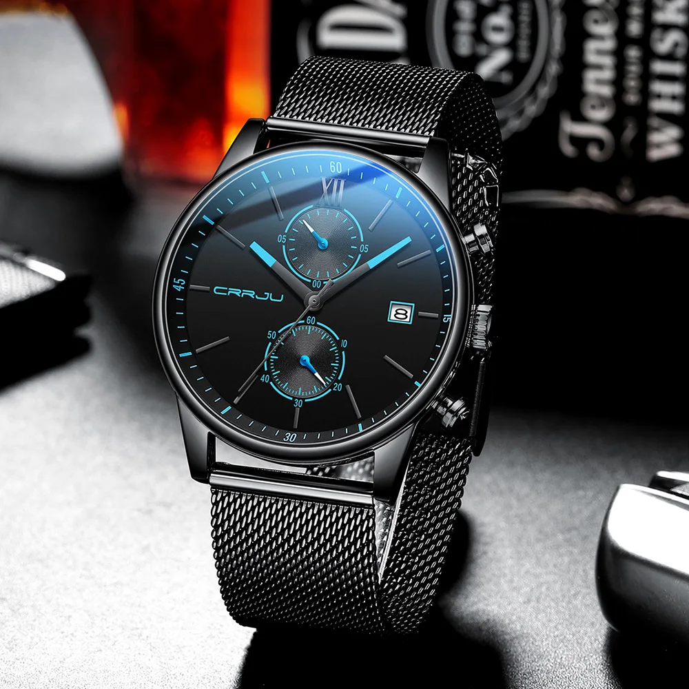 

Watch For Men CRRJU Quartz Wristwatches blue hands Sport Chronograph Clock Male Stainless Steel Wrist Watches Relogio Masculino