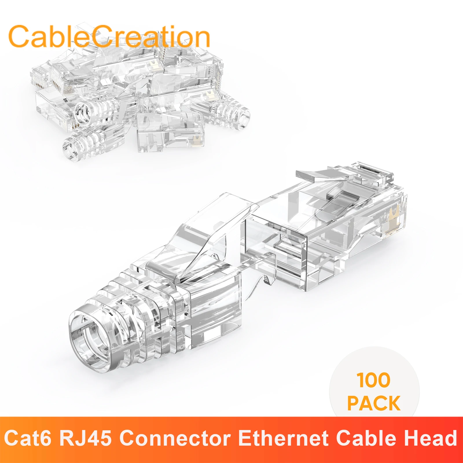 Cablecreation Cat6 RJ45 Connector 8P8C Modular Cat6 Ethernet Cable Head Network Hood Transparent Gold-Plated Plug Cat6