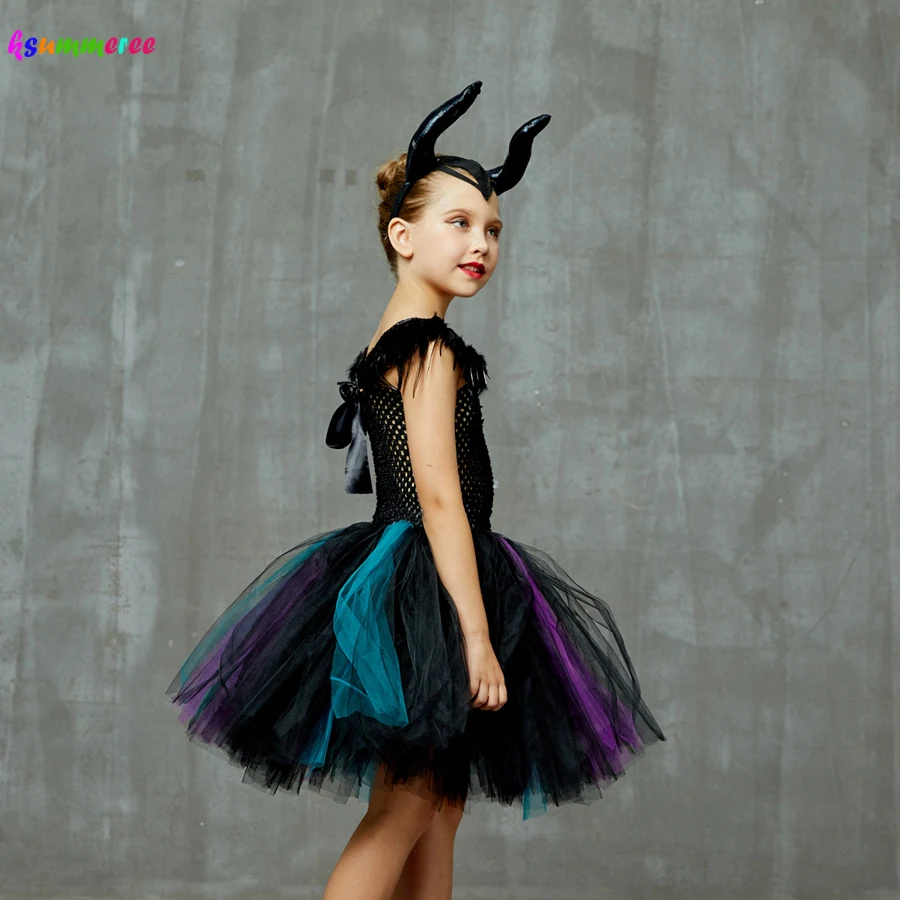 Little Devil Fancy Tutu Dress with Horns Girls Halloween Witch Cosplay Party Costume Feathers Embellished Tulle Dresses