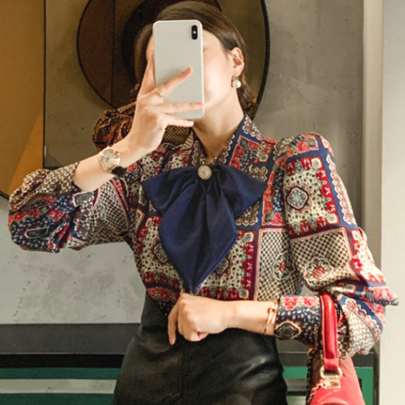 JSXDHK Elegant Women Big Bow Chiffon Blouses Vintage Spring Summer Flower Printed Lantern Sleeve Female Office OL Shirt Tops