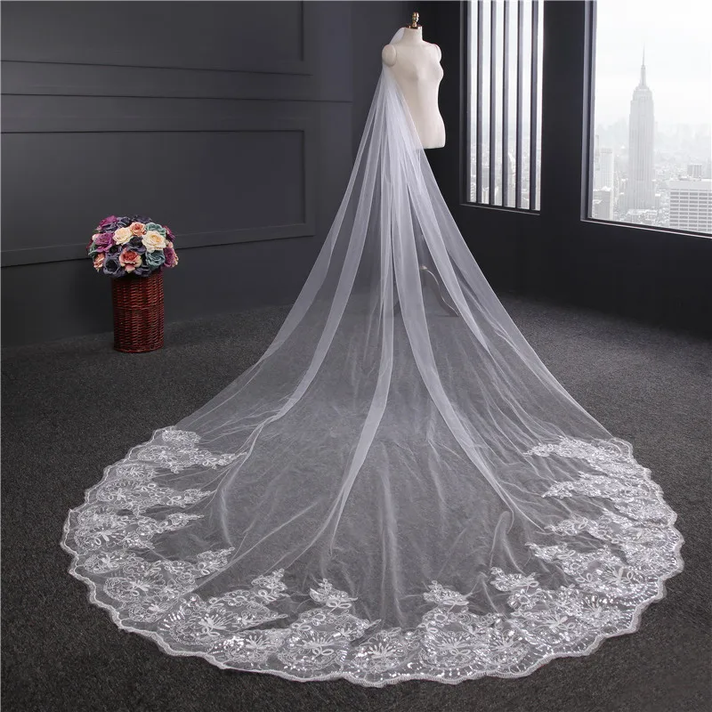 wedding veil White Ivory Cathedral Wedding Veils Long Lace Edge Bridal Veil with Comb Wedding Accessories Bride Veu