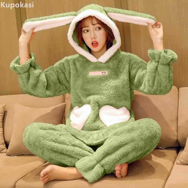 

Kupokasi Autumn Winter Women's Pajamas Set Cute Flannel Sleepwear Thick Warm Homewear Hooded Nightclothes Soft Pyjamas