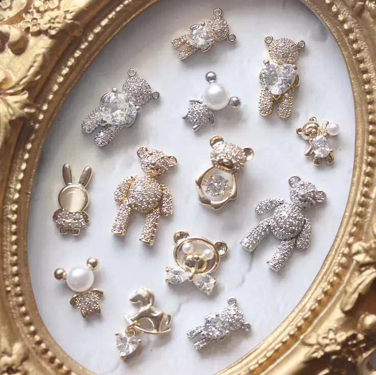 10pcs Heart Bear Rabbit Pendant 3D Alloy Nail Art Zircon Pearl Metal Manicure Nails Accessories DIY Nail Decorations Nail Charms