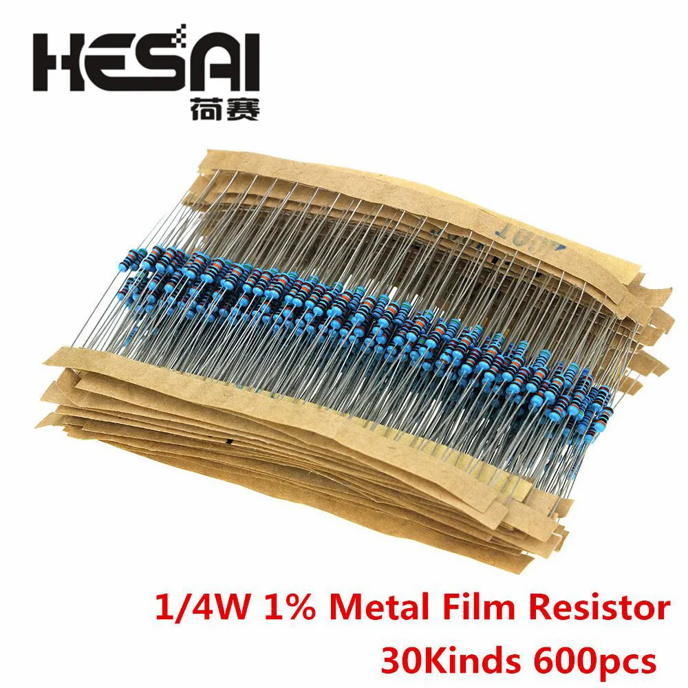 600 Stks/set 30 Soorten 1/4W Resistance 1% Metal Film Weerstand Pak Diverse Kit 1K 10K 100K 220ohm 1M Weerstanden 300 Stks/set