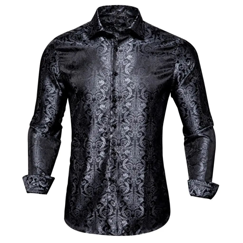 Hi-Tie High Quality Silk Mens Shirts Long Sleeve Black Brown Paisley Floral Shirt Slim Fit For Men Male Dress Jeans Suit Wedding