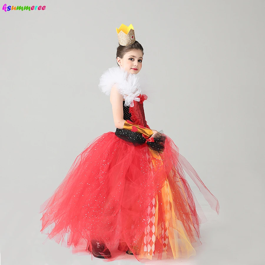 Girl Queen of Hearts Costume Wonderland Fairy Tale Fancy Dress Sparkly Kids Evil Red Queen Tutu Dress Halloween Villain Clothes