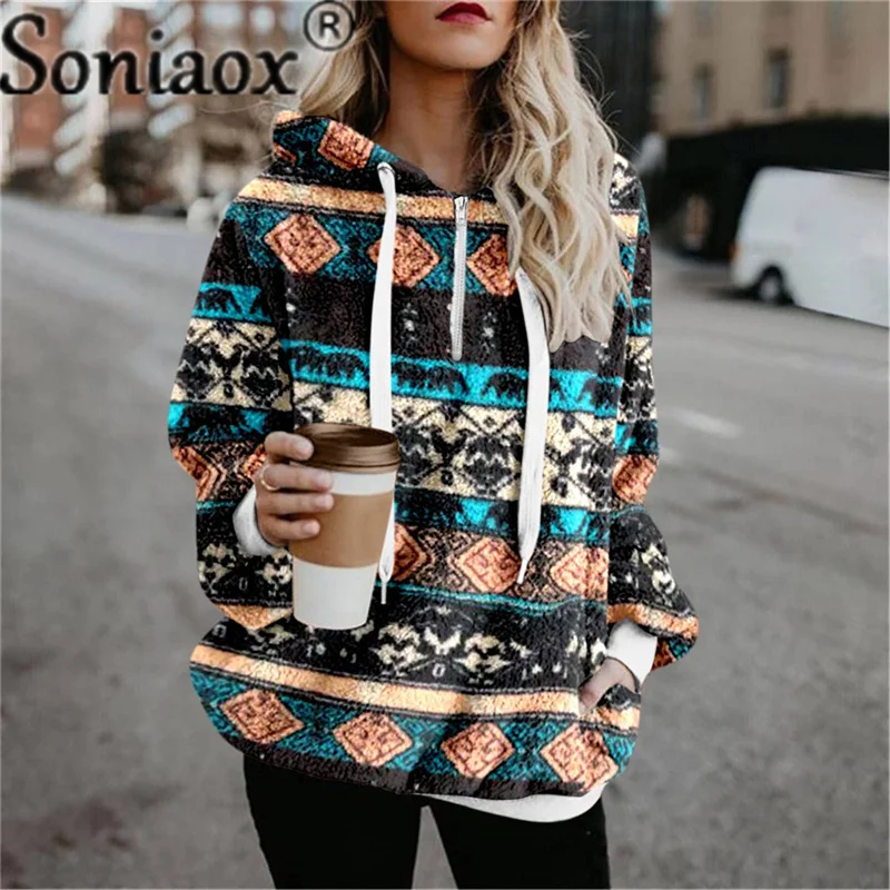 Women Ethnic Print Hooded Sweatshirt 2021 Autumn Winter Warm Long Sleeve Casual Hoodies Collar Female Drawstring Pullovers Tops