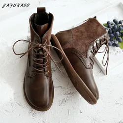 Literary Retro Women Boots Flat Heel Winter Warm Casual Short Boots Handmade Lace-Up Ankle Boots Mori Girl Simple Women Shoes