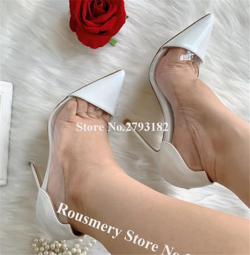 Women Elegant Brand Design Pointed Toe PVC Stiletto Heel Pump White Clear Transaprent Patchwork High Heels Formal Dress Shoes