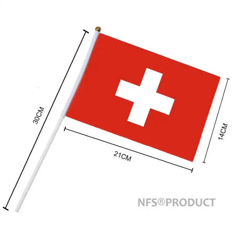 10PCS Swiss Flag Switzerland 14x21cm Polyester Flags With 30cm Plastic Flagpoles For Decoration Celebration Parade Sports