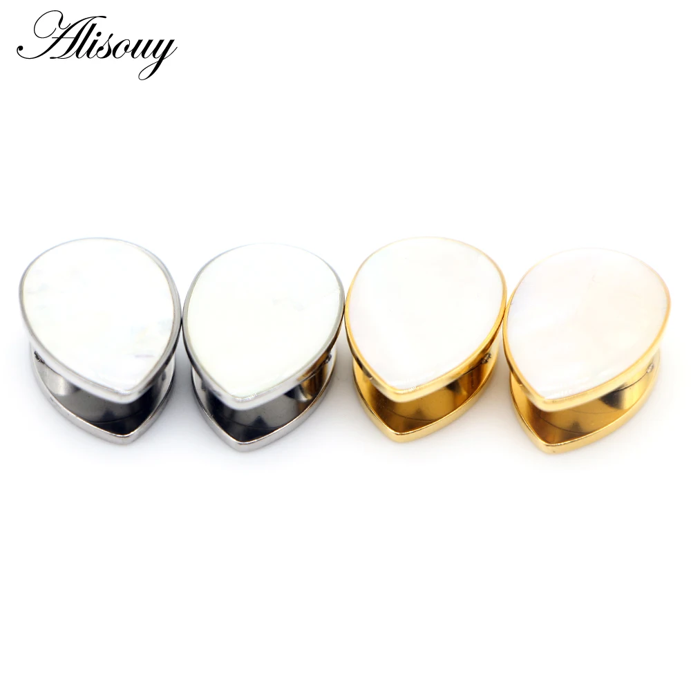 Alisouy 2pcs Ear Tunnels Plugs Gauges Stainless Steel Water drops Shell Ear Expander Stretcher Earrings Piercing Body Jewelry