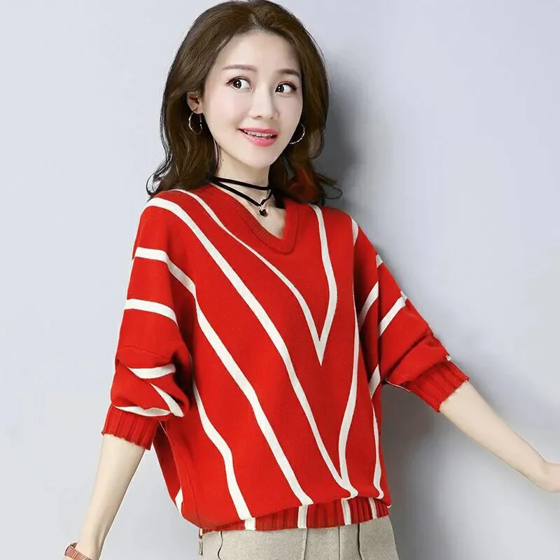 Spring Autumn New Bat Sweater Women's Pullover Loose Korean Striped Blouse Female Knit Sweater Long Sleeve Jumper Full Femme Q32