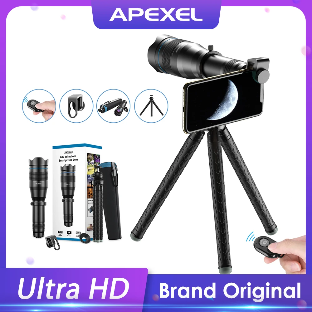 apexel-60x携帯電話望遠ズームレンズ単眼telescopeastronomical-拡張可能な三脚iphoneサムスンすべてのスマートフォン