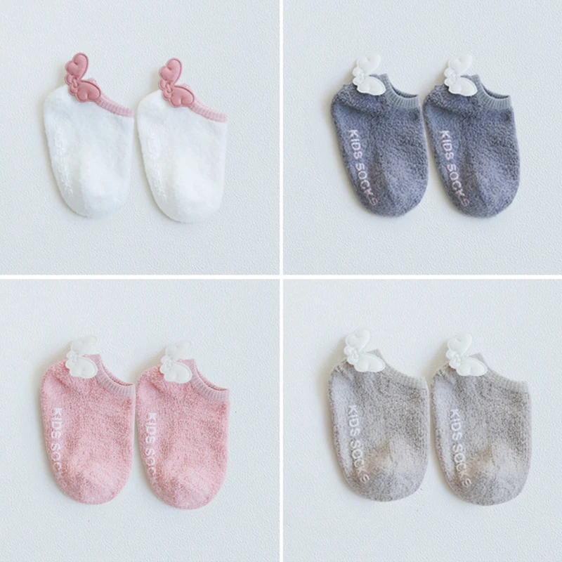 Baby Non-slip Socks for Girls Coral fleece Angel Wings Short Floor Socks Print Animal Solid Newborn Infant Clothing Accessories