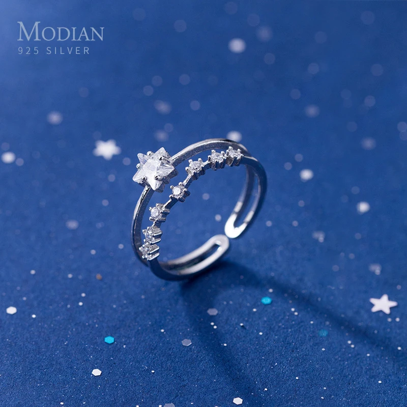 Modian Real 925 Sterling Silver Double Layer Twinkle Star CZ Adjustable Open Wedding Engagement Rings For Women Fashion Jewelry