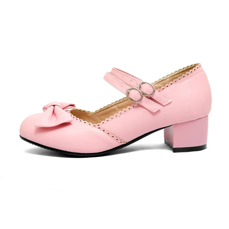 YQBTDL 2022 New Women Mary Janes Pumps Double Belt Buckle Women 3.5cm Hoof Heels Shoes Sweet Bowtie Lolita Shoes Party Girl Pink