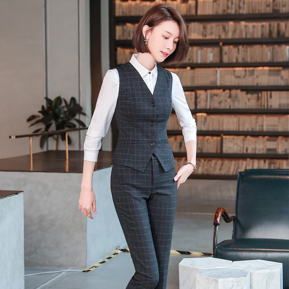 Business Work Career 3 Piece Women Pant Suit Plaid Blazer Vest and Trousers of High Quality Ladies Autumn Winter Formal Set