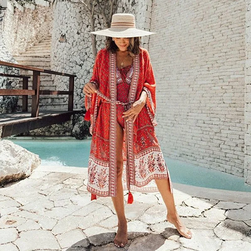 Bohemian Printed Bikini Cover-ups Beach Dress Long Kimono Cardigan Women Beach Wear Swim Suit Cover Up Pareos