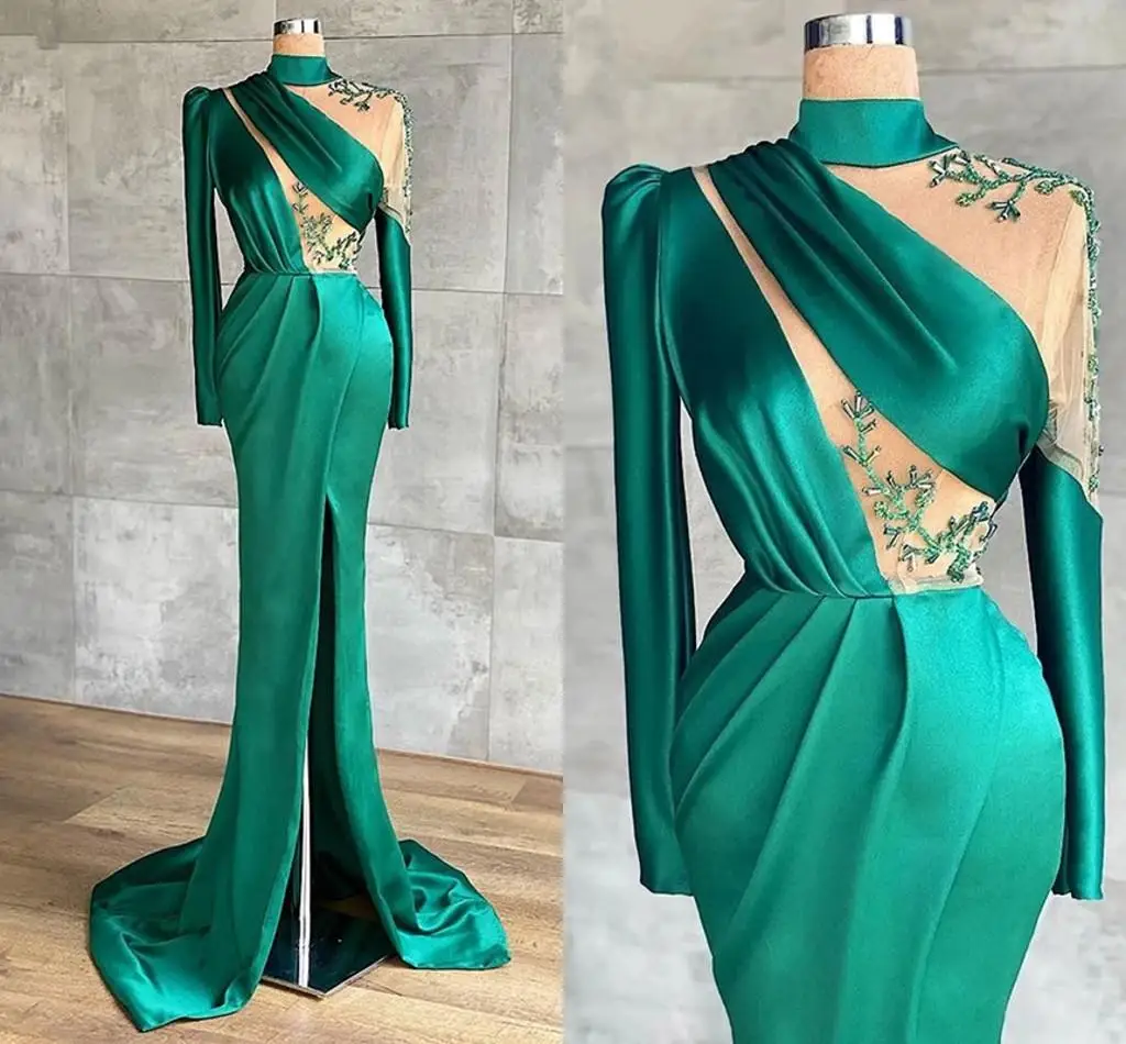 Lange Mouwen Coltrui Mermaid Prom Dresses Sexy Voor Split Dubai Dames Green Lace Satin Party Avondjurken Robe Soiree Femme