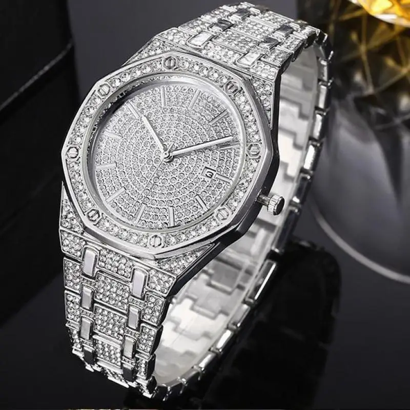 2021 Men\'s Watch Hip-hop Hipster Luxury Business Fashion Octagonal Stainless Steel Full Diamond Steel Belt Calendar Starry