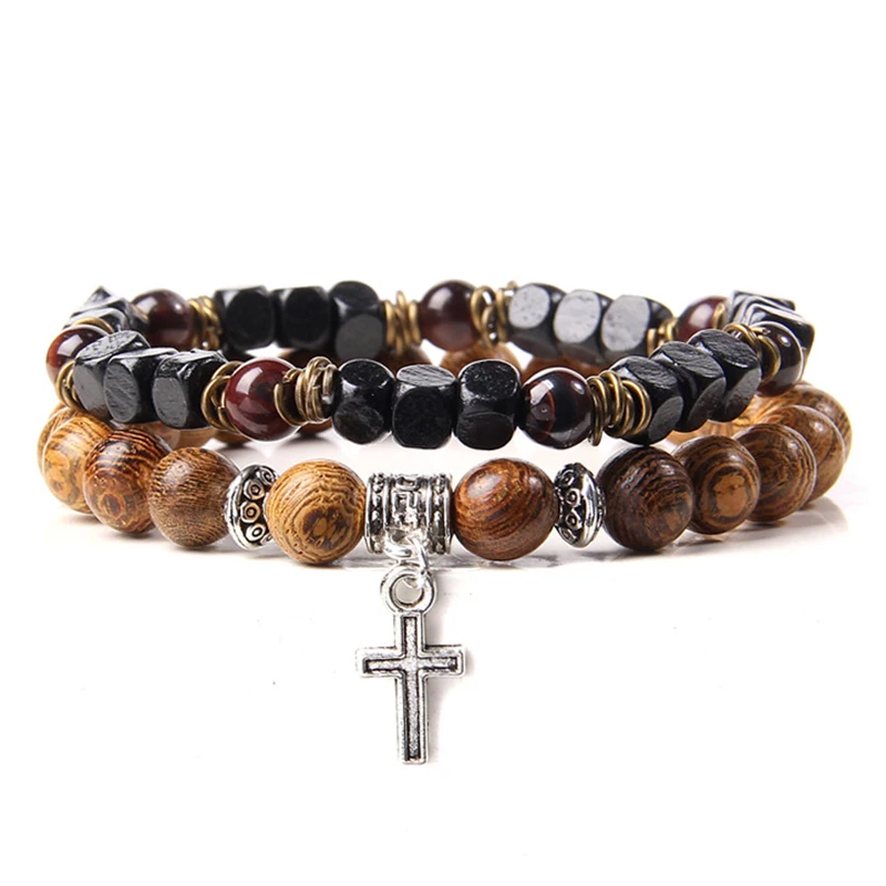 Hot 2pcs/set Men Bracelet Wood Beads Cross Pendant 7 Chakra Healing Balance Lava Bracelet for Women Prayer Buddha Jewelry Gifts