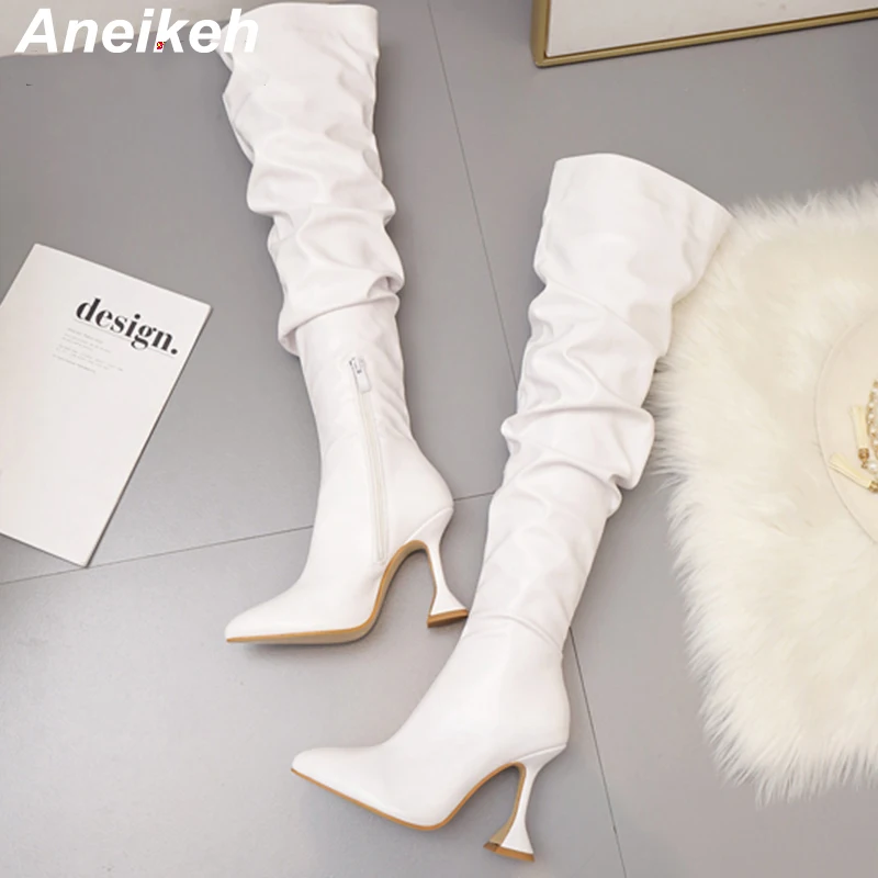 Aneikeh 2024 Spring / Autumn New High Wall Flock Women\'s Mature Side Zipper Knee Boots Pointed Cup End Pu Fold Show Thin