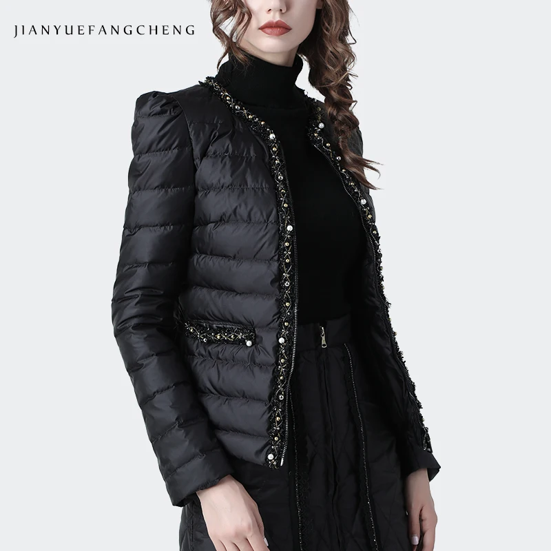 Luxury Diamond-studded Women Winter Down Jacket Warm Lightly Short Black Coat Top Female Fashion Outwear Slim Duck Down Jackets