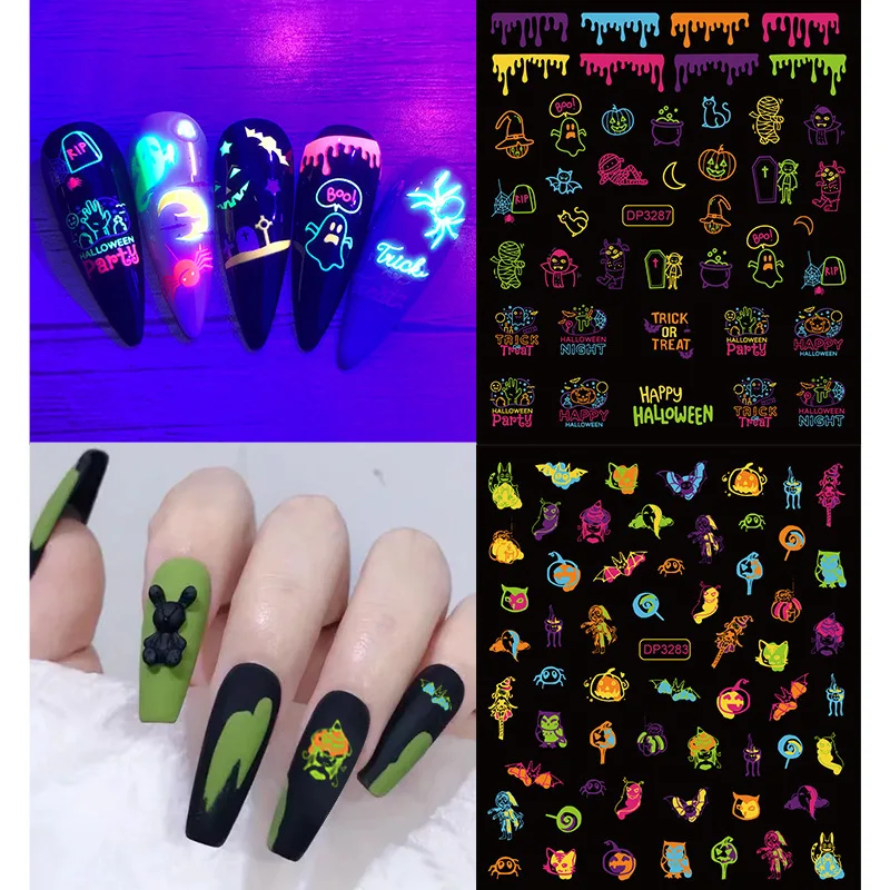 

New Halloween Designs Colorful Luminous Fluorescent Nails Stickers For Nails Sticker Decorations Manicure Z0478