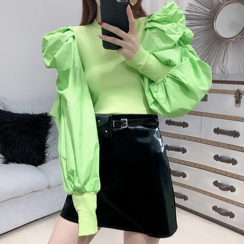 IHOBBY Women Puff Sleeve Knitting Slim Sweater Round Neck Patchwork Fashion Streetwear Blusas Korean Fashion Clothing