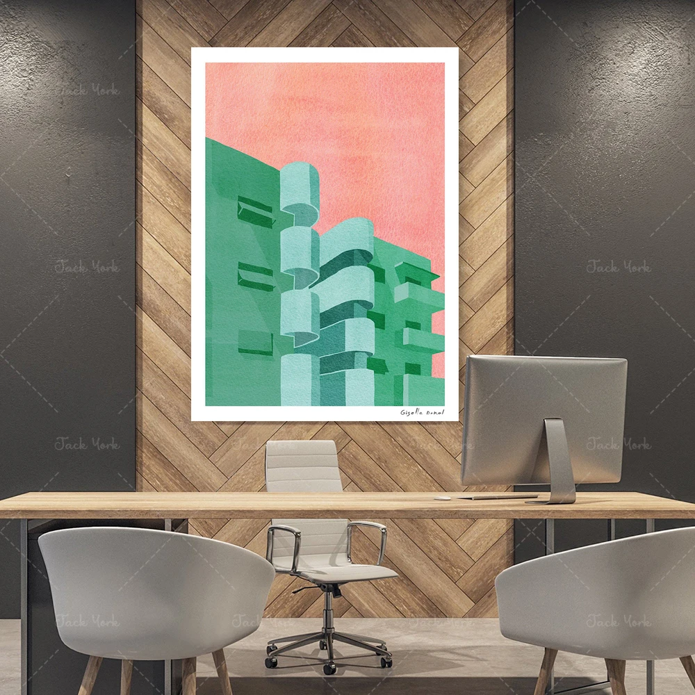 

Illustration Art Print, Architecture Art Print, Bauhaus Art Prints, Tel Aviv City Poster, Building Wall Prints, Pink and Green A