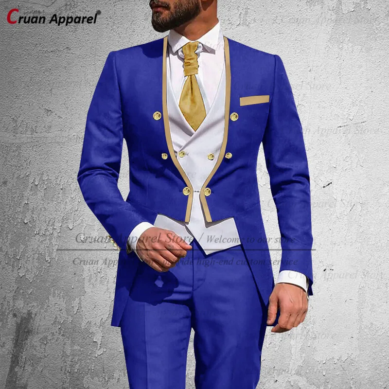 Latest Royal Blue Suit Men 3Pcs Slim Fit Wedding Best Man Groom Tuxedo Double Breasted Gold Trim