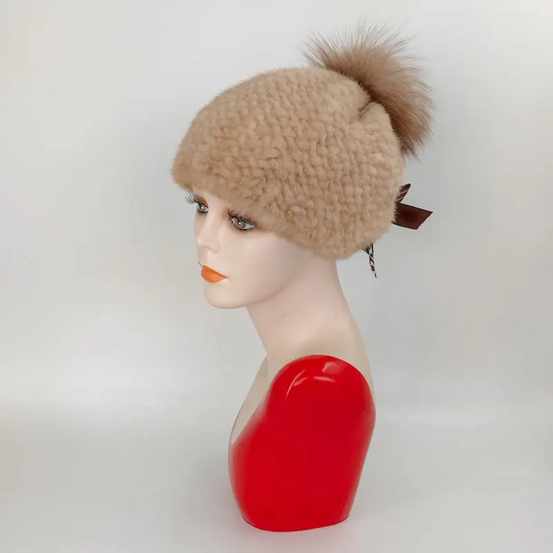 

New Winter Ladies Mink Fur Knit Hat Warm Fox Fur Ball Fur Hat Russian Ladies Winter Hat With Braid Hat