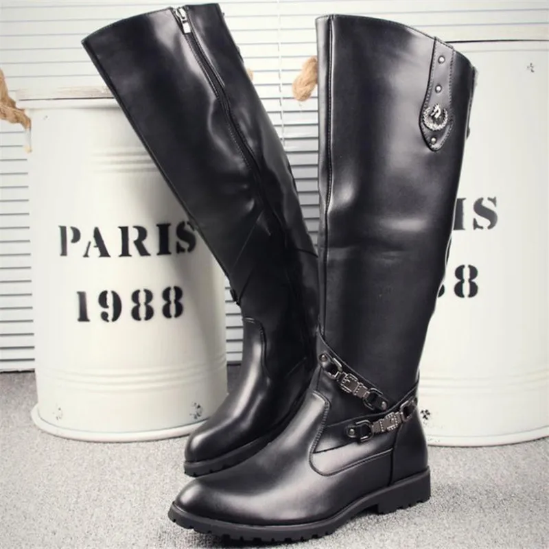 New Arrival Black Long Knee Boots Men Round Toe Buckle High Top Casual PU leather Shoes Man Motorcycle Boots Size 38-44