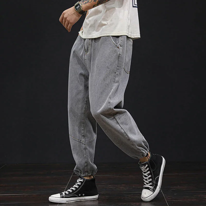 Large size jeans men's loose pants 70-150KG men's trendy summer men's pants nine-point cut-off old daddy pants 9 colors