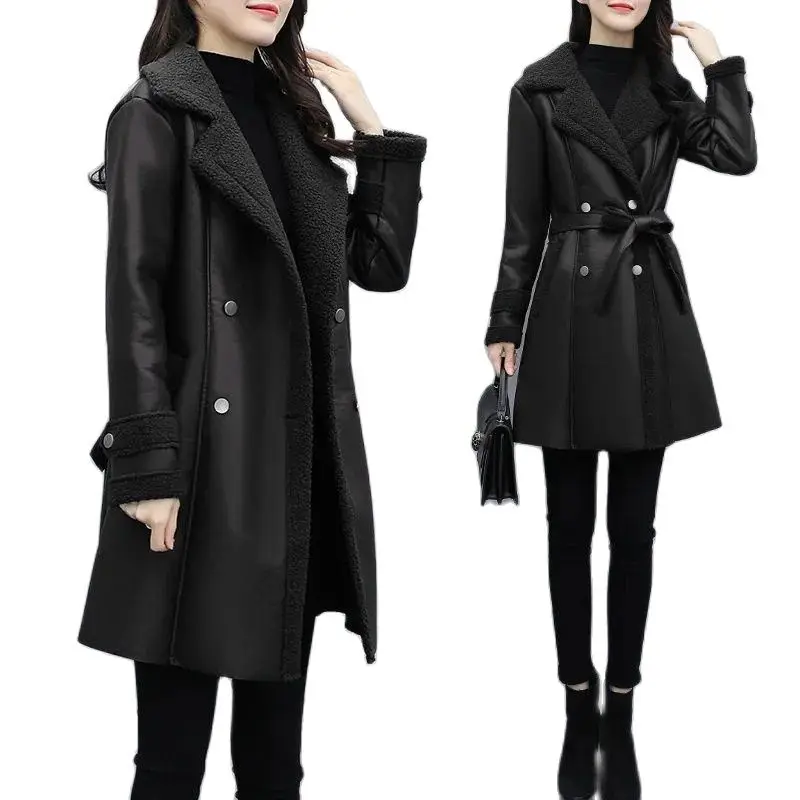 2025 Autumn Winter Jacket New Women\'s Fur One PU Leather Coats  Loose Ladies Outwear With Thicker Overcoat Female Tops