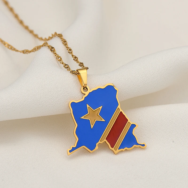 Democratic Republic of the Congo Map Colored Flag Pendant Gold/Silver Color DRC Kinshasa Necklace Ethnic Stainless Steel Jewelry