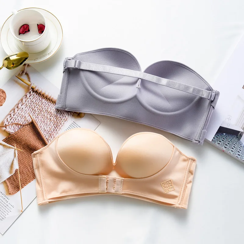 1/2 Cup Push Up Bra Front and Behind Buckle Underwear Women Sexy Deep V Strapless Stealth Brassiere Wire Free Thicken Lingerie view 2